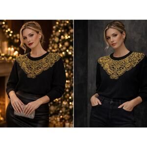 Vintage Victoria Harbour Gold Beaded Sweater S Black 90s Glam Statement Knit Top